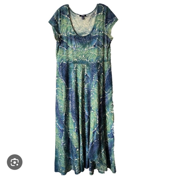 Chaps Dresses & Skirts - Chaps Leafy Tropical Maxi Short Sleeve Cotton Green & Blue Dress Size Small